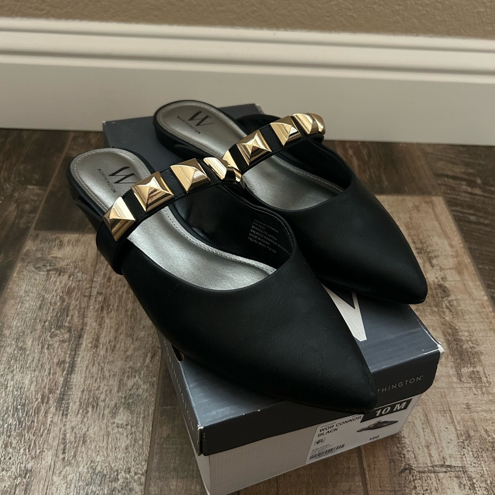 Worthington Connor Black Mules with Gold Studs